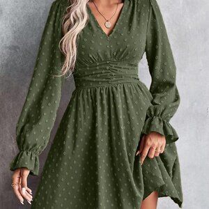 Army Green Casual Women's Swiss Dot Flounce long Sleeve Dress